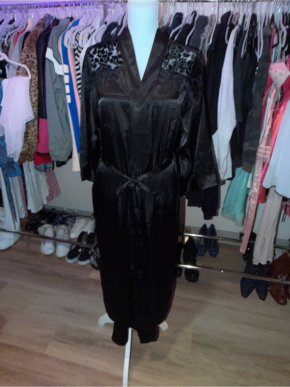 Classic Black Satin Kimono Robe with Lace Shoulder Accents